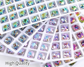 10mm Electroplated Color Rivoli Faceted Silver Foiled Pointed Back Cushion Crystal  | 5pcs