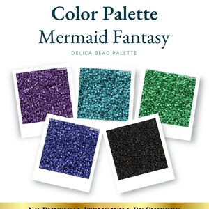 Op de afbeelding: Digitaal kleurenpalet Mermaid Fantasy Delica Bead Palette met vijf vierkante afbeeldingen van paarse, turquoise, groene, blauwe en zwarte kralen. De tekst luidt Digital Color Palette Mermaid Fantasy Delica Bead Palette.