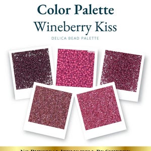 May include: A digital color palette titled Wineberry Kiss Delica Bead Palette featuring five square images of small cylindrical beads in various shades of deep red, magenta, and pink arranged in a fan pattern against a white background.