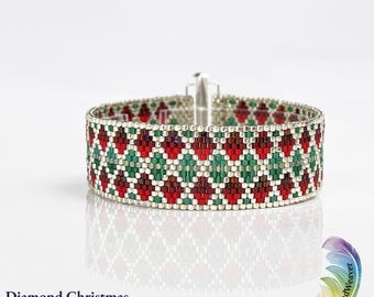 May include: A beaded bracelet featuring a repeating diamond pattern in red, green, and metallic silver seed beads. The design is titled Diamond Christmas Peyote Stitch Bracelet Pattern, designed by Jessica Giovacchini, and includes a silver clasp.