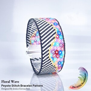 May include: A black and white beaded bracelet with a colorful floral pattern. The bracelet is made with peyote stitch and features a chevron design. The text "Floral Wave Peyote Stitch Bracelet Pattern Designed By Jessica Giovacchini" is visible below the bracelet.