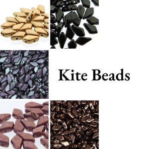 May include: A selection of kite-shaped beads in gold, black, purple, and brown hues. The beads are shown on a white backdrop. The words "Kite Beads" are displayed in black text.
