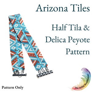 May include: A beaded bracelet pattern featuring a geometric design in shades of blue, orange, and white. The pattern is called "Arizona Tiles" and is made with half tila and Delica beads. The pattern is for peyote stitch.