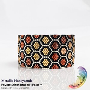 May include: A wide bracelet crafted with a peyote stitch bead pattern featuring a repeating honeycomb design. The geometric motif consists of black, metallic gold, and copper-colored beads arranged in a grid, with the text Metallic Honeycomb Peyote Stitch Bracelet Pattern Designed By Jessica Giovacchini printed below.