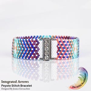 May include: A colorful Peyote stitch bracelet with an integrated arrow design. The bracelet features a mix of blue, purple, white, pink, and turquoise beads. It has a silver-tone clasp with clear crystal accents. The text "Integrated Arrows Peyote Stitch Bracelet" is visible.