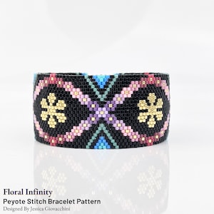 May include: A black, pink, blue, and gold beaded bracelet with a floral pattern. The bracelet is made using the peyote stitch technique. The bracelet is called "Floral Infinity".