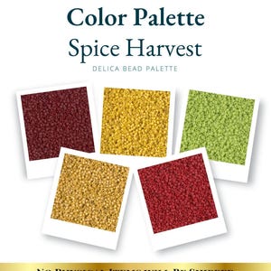 Könnte beinhalten: Eine digitale Farbpalette mit dem Titel Spice Harvest Delica Bead Palette, die fünf quadratische Bilder kleiner zylindrischer Perlen in den Farben Dunkelrot, Goldgelb, Hellgrün, Hellbraun und Hellrot in fächerförmiger Anordnung zeigt.