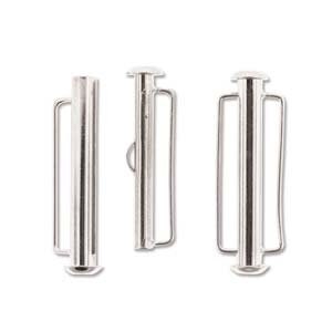 May include: Three silver-toned metal slider buckles. Each buckle is rectangular in shape with a small, round, protruding knob at each end. The centre of each buckle has a long, thin, cylindrical opening.
