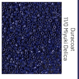 May include: A close-up image of a pile of small, dark blue, round seed beads. The beads are 11/0 size and are made by Miyuki. The beads are known as "Duracoat Delica" beads.