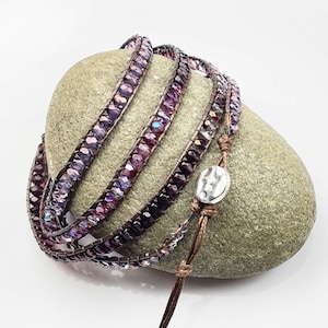 Purple Fire Polish 4 Wrap Leather Beaded Bracelet Boho Style Quad Multi Wrap Stacking Bracelet