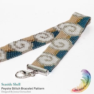 May include: A beaded bracelet with a peyote stitch pattern. The bracelet is made with white, beige, and teal beads. The bracelet has a silver clasp. The bracelet is called "Seashore Shell Peyote Stitch Bracelet Pattern" and is designed by Jessica Giovacchini.