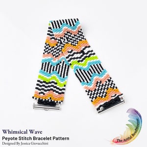 May include: Whimsical Wave Peyote Stitch Bracelet Pattern, designed by Jessica Giovacchini. The bracelet is made with black, white, orange, pink, green, and blue beads in a wave pattern.