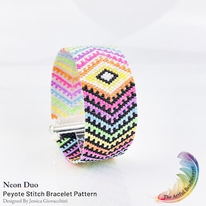 May include: A wide cuff bracelet crafted with peyote stitch beadwork featuring a vibrant geometric pattern of neon pink, orange, yellow, green, blue, and purple chevrons against a black and white background, secured with a silver-toned metal clasp.