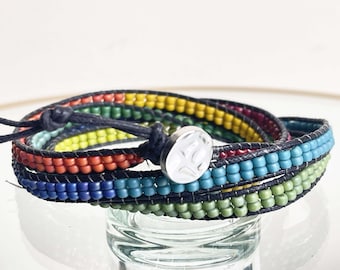 Matte Rainbow 4 Wrap Leather Beaded Bracelet  Boho Style  Quad Multi Wrap Stacking Bracelet  Gem Duo  Seed Bead Detail