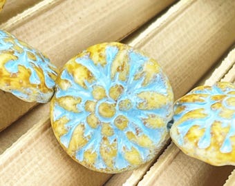 Cuentas de cristal checo Dahlia Azul con un toque Picasso / 14 mm / Cuentas con forma de flor / 10 unidades