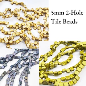 May include: A collection of 5mm 2-hole tile beads in three distinct color variations. The top section shows beige and brown mottled beads, the bottom left features iridescent blue-grey beads, and the bottom right displays textured lime green beads.