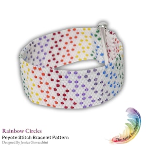 May include: A beaded bracelet featuring a white background with a repeating pattern of small, multi-colored circles in red, orange, yellow, green, blue, and purple. The bracelet is secured with a silver-toned metal clasp and is shown as a pattern.