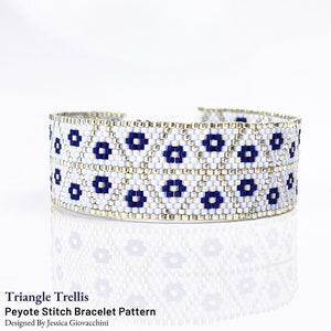May include: A white and blue beaded bracelet with a geometric pattern. The bracelet is made with peyote stitch and features a triangle trellis design. "Triangle Trellis Peyote Stitch Bracelet Pattern" is written below the bracelet.
