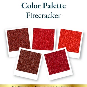 Puede incluir: Una paleta de colores digital titulada Firecracker que presenta cinco imágenes cuadradas de pequeñas cuentas rojas en varios tonos, desde granate oscuro hasta rojo anaranjado brillante. El texto dice Digital Color Palette Firecracker y No Physical Items Will Be Shipped.