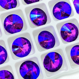 14mm Purple Ab Faceted Rivoli Silver Foiled Pointed Back Crystal- 2pcs