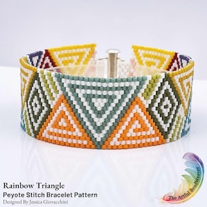 May include: A beaded bracelet featuring a geometric pattern of triangles and diamonds in orange, sage green, yellow, white, and dark purple. The piece is crafted with a peyote stitch and includes a silver-toned metal clasp. Text reads: Rainbow Triangle Peyote Stitch Bracelet Pattern Designed By Jessica Giovacchini.