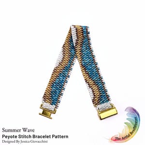 May include: A beaded Peyote stitch bracelet in a summer wave pattern. The bracelet features a design of blue, gold, white, and brown beads. The bracelet has gold-colored clasps. The text "Summer Wave" and "Peyote Stitch Bracelet Pattern" are visible.
