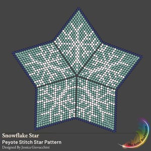 May include: A teal and white beaded star pattern with a dark blue border. The design features a snowflake pattern. Text at the bottom reads "Snowflake Star, Peyote Stitch Star Pattern, Designed By Jessica Giovacchini."