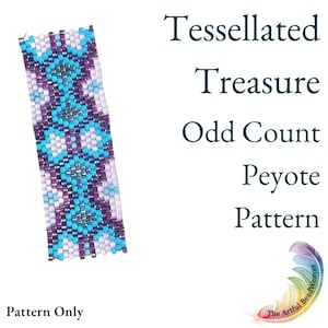 Pode incluir: Padrão de pulseira de contas Tessellated Treasure Odd Count Peyote. Um padrão de pulseira de contas com um design geométrico em tons de roxo, azul e branco.