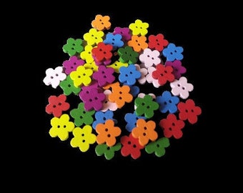50 kleine Knöpfe - Blumen aus Holz 10 mm Blumenknöpfe bunt 7 Farben zur Auswahl