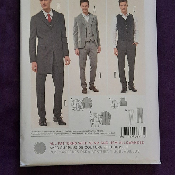 Burda 6871 Three Piece Suit pattern for jacket, pants, and waistcoat sizes 34 to 50 factory folded