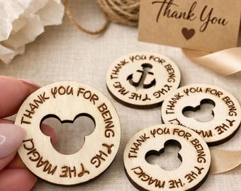 Cast Member Appreciation Tokens – Laser Engraved Basswood Coins – 1.25” Mickey Face Wooden Thank You Gifts – Disney Trip Kindness Tokens