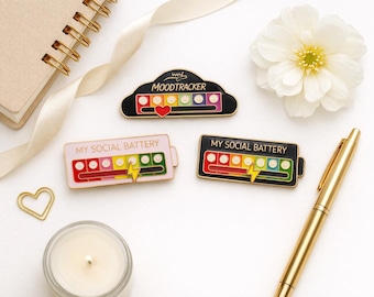 Social Battery Sliding Mood Tracker Enamel Pin Set – Funny Introvert Gift, Mental Health Awareness, Bookish & Coffee Lover Pins
