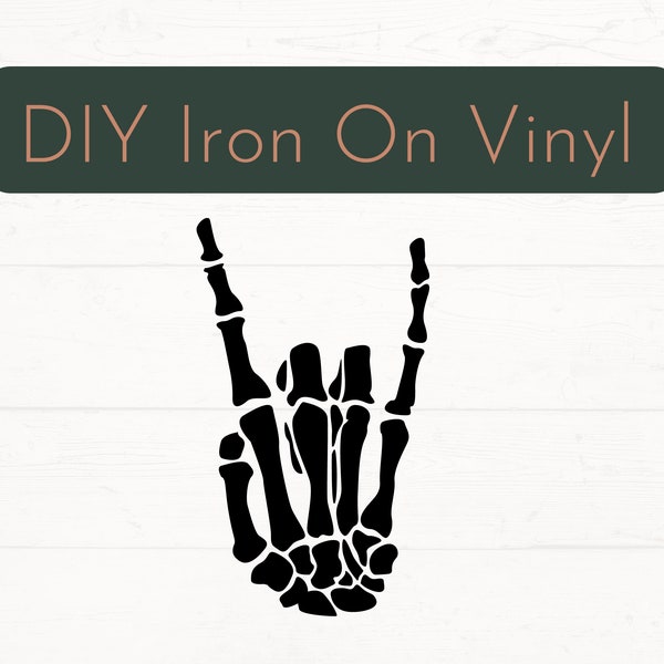 Punk Skeleton Hand Sign Ready to Press Iron On Decal, Skeleton Rock On DIY Vinyl Decal, Skeleton Hand Halloween Apparel Iron On Decal