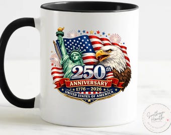 USA 250th Anniversary Mug & Coaster Set, 11oz or 15oz Coffee Cup, Patriotic Gift