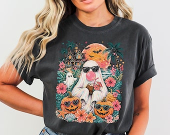 Tropical Ghost Halloween Shirt, Beach Halloween Comfort Colors Fall Tee, Spooky Beach Pumpkin Graphic, Retro Haunted House Shirt