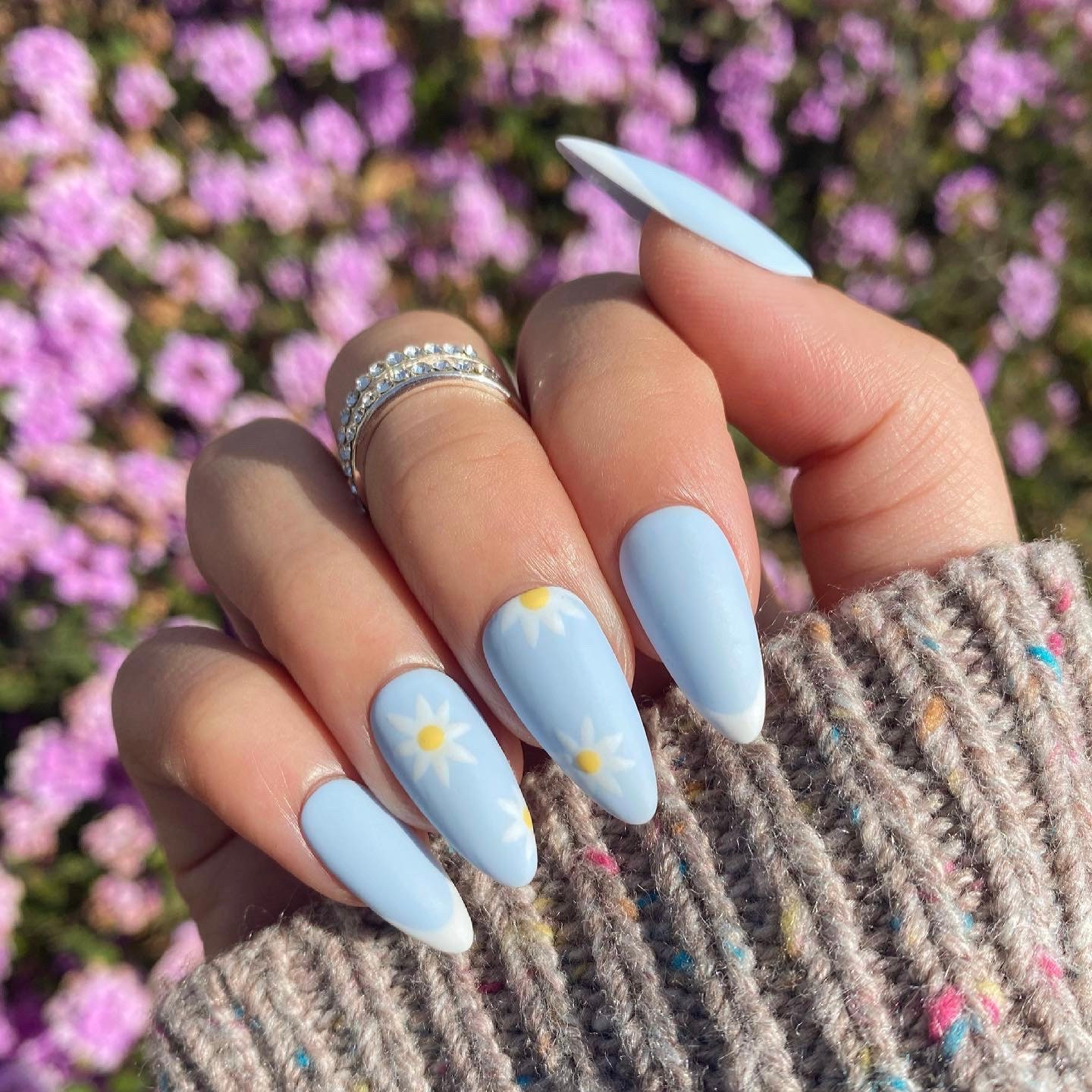 Matte Light Blue Nails with Daisies and White French Tips/ | Etsy