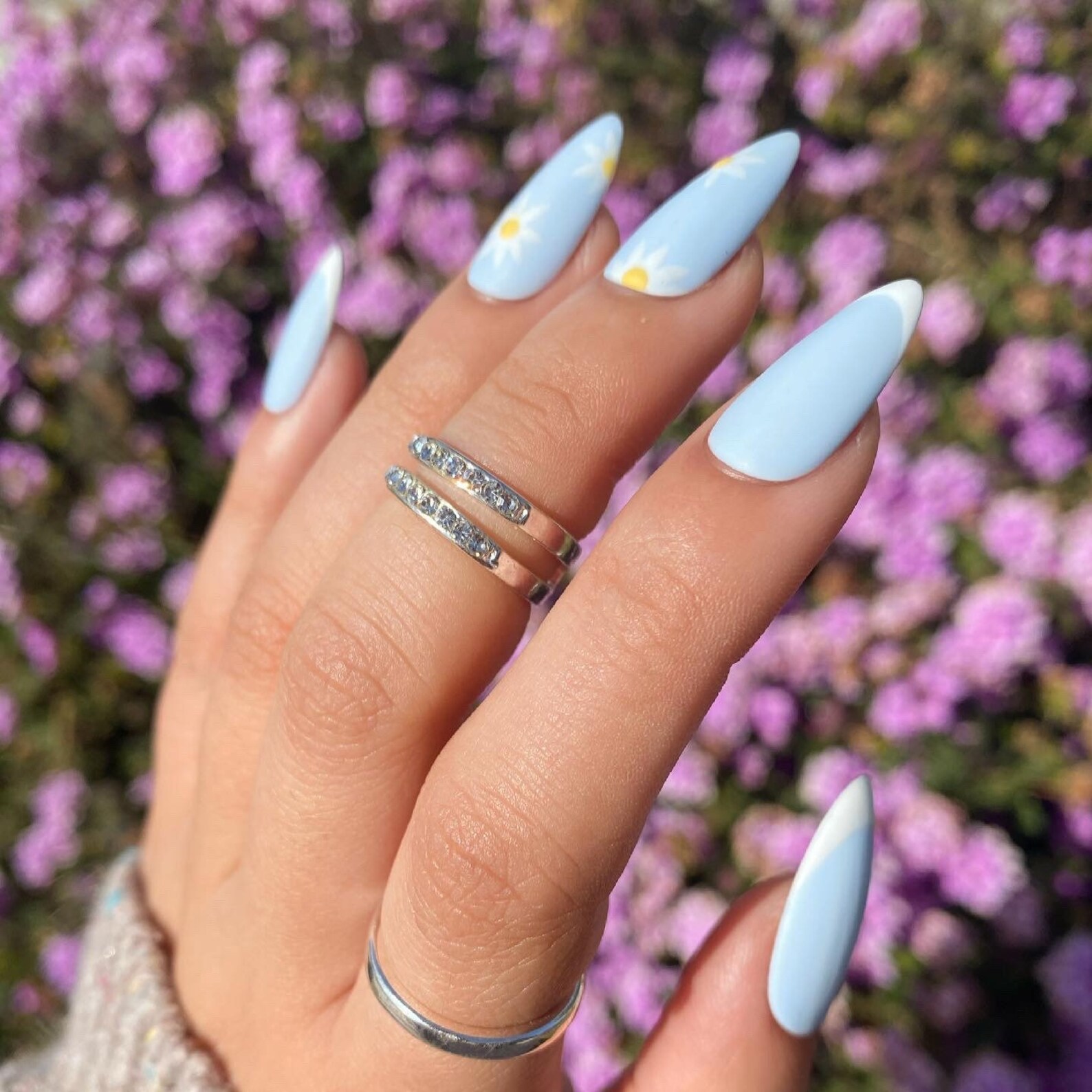 Matte Light Blue Nails with Daisies and White French Tips/ Etsy