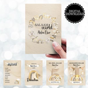 Digitale download gepersonaliseerde islamitische dierenmijlpaalkaarten - moslimbabymeisjes - islamitisch cadeau - cadeau nieuwe en aanstaande ouder