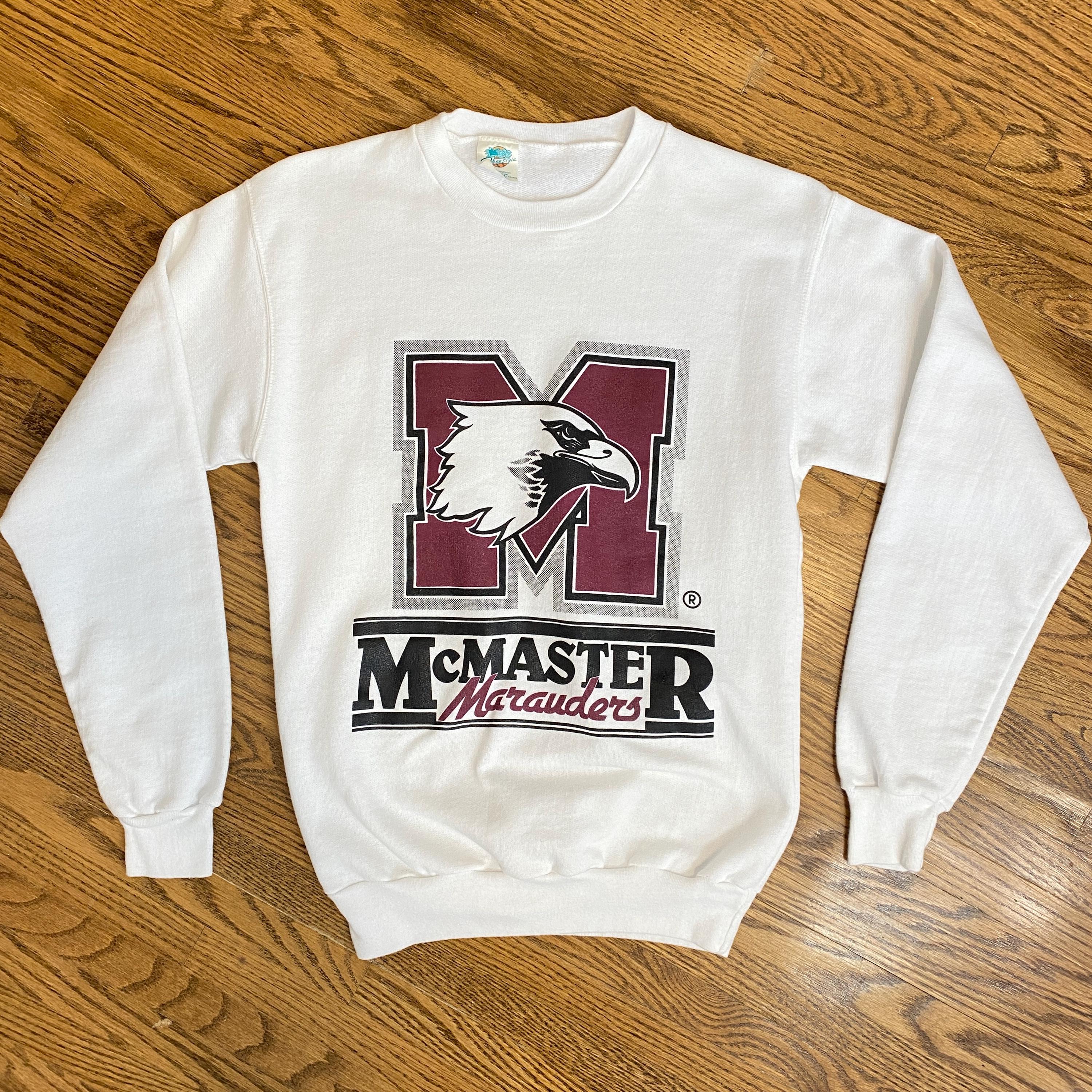 Vintage McMaster Marauders University Shirt 80s 90s Long Sleeve Crewneck  Hamilton Ontario Canada White with Maroon and Grey Collegiate