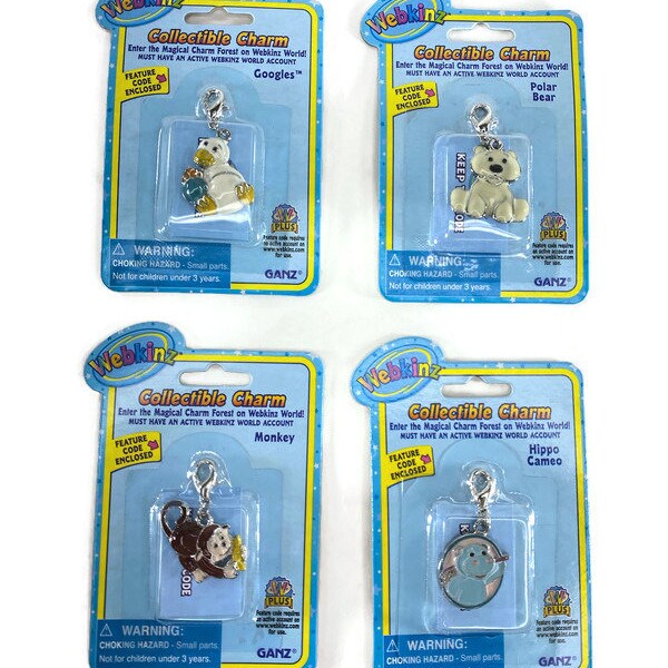 WebKinz Collectible Charm LOT OF 4 Monkey Googles Polar Bear Hippo Brand New in Package with Code