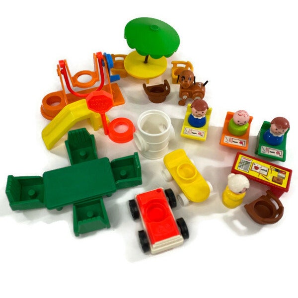 LOT Vintage Fisher Price Little People School House Teacher Student Desk Car Swing Slide Chair Car Boy Girl Woman Skateboard Dog Barrel