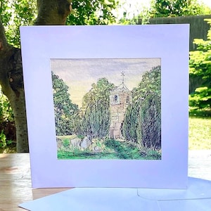 The Chuchyard, an original pen illustration and watercolour painting greeting card