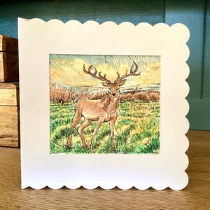 Cerf au coucher du soleil, un stylo original avec un lavis aquarelle, carte de voeux
