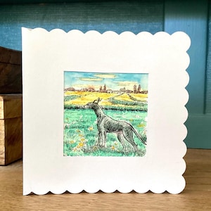 Whippet, profitant de la campagne, une carte de voeux dessinée et peinte à la main