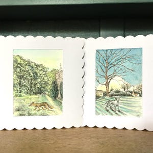 Deux cartes de voeux dessinées et peintes à la main, Renard dans le cimetière et Whippet dans le parc de la ville