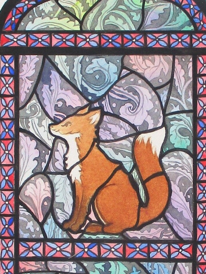 Fox and Hare Stained Glass Window, original design and watercolour painting,