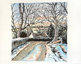Winter Dusk, an original pen and ink illustration and watercolour painting