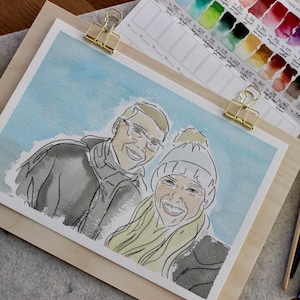 Handgemaltes personalisiertes Bild von Foto, Bleistift Zeichnung und Aquarell Paar/bester Freund/Freundin, Hochzeitgeschenk