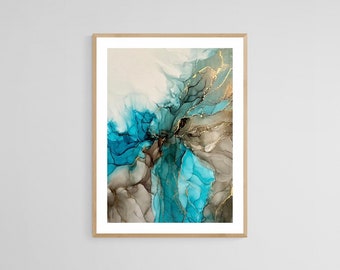 Original Alcohol Ink Painting, 23 x 30 cm Turquoise Gold, Abstraktes Gemälde, Abstract Wall Art