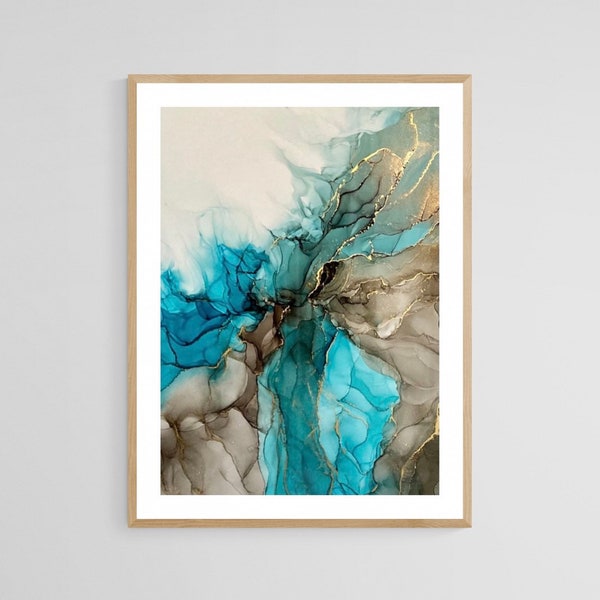 Original Alcohol Ink Painting, 23x30 cm Turquoise Gold, Abstraktes Gemälde, Abstract Wall Art